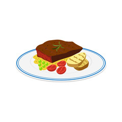 Delicious steak dinner with grilled potatoes peas and tomatoes on a white plate