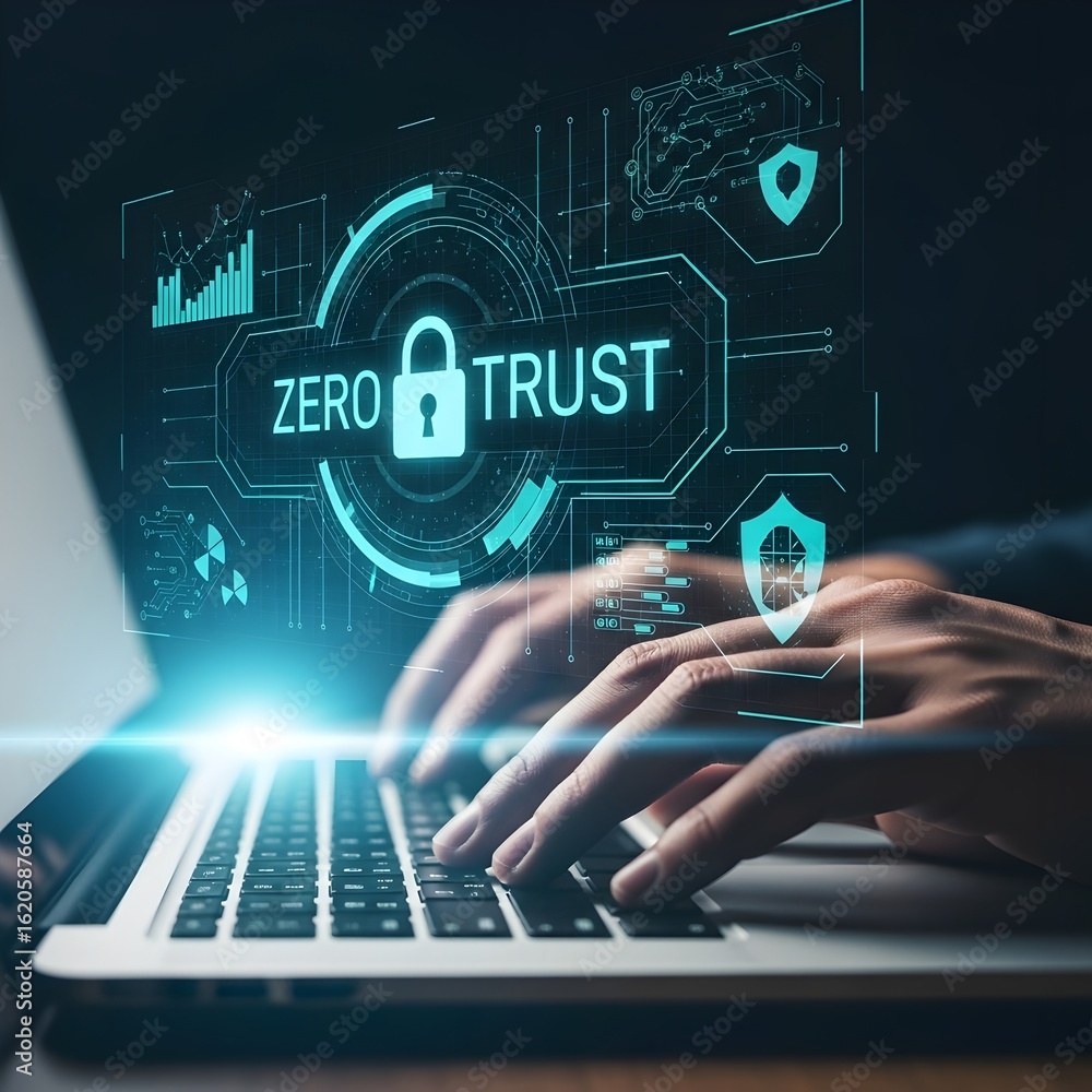 Poster cybersecurity professional implementing zero trust network architecture on a laptop with glowing dig
