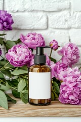 Amber glass pump bottle with blank label surrounded by pink peonies.