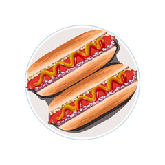 Two delicious hot dogs with mustard and onions on a plate
