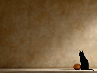 Minimalist composition featuring a black cat sitting beside a small pumpkin against a warm textured brown background in a moody artistic scene
