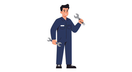 Smiling Mechanic Holding Wrenches in Blue Overalls.