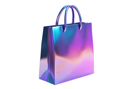 Holographic gift bag with twisted handles isolated on transparent background
