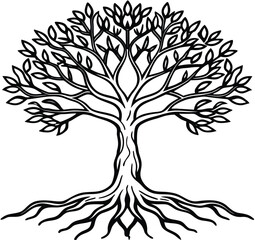 Obraz premium A versatile vector tree silhouette with roots and leafy branches, perfect for nature-inspired designs depicting growth through all seasons