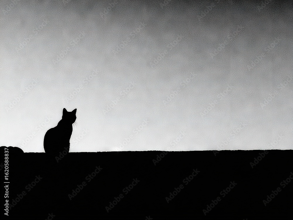 Poster silhouette of a lone cat sitting on a ledge against a minimalist gradient sky creating a mysterious 