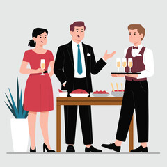 Illustration of a woman in a red dress and a man in a suit attending a catered event with a waiter present
