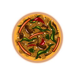 Top view illustration of a delicious noodle dish with vegetables and chili peppers