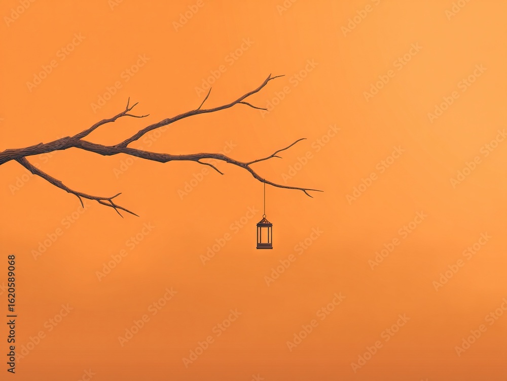 Poster bare tree branch with a hanging lantern against a bold orange gradient background creating a minimal