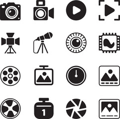 Fototapeta premium Photo and Video Capture Silhouette Icons — Camera, Play Button, Microphone, Lightbox, and Frame Symbols