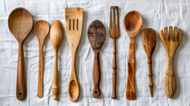 Set of Wooden Kitchen Utensils on White Linen Background, in high resolution clean minimal style stock photo illustration background image ideal for templates advertisements and web banners showcasing