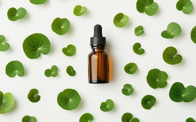 Amber Dropper Bottle Surrounded by Fresh Green Centella Asiatica Leaves on White Background.