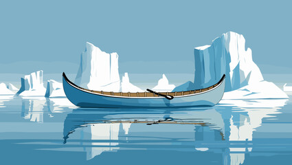 Serene illustration of a canoe floating on calm waters surrounded by icebergs in a minimalist arctic landscape