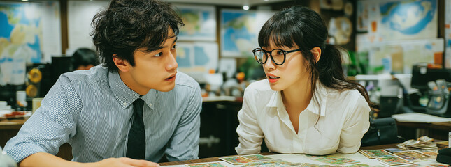 Two surprised professionals lean over a colorful board game or project layout, both wearing expressions of shock and curiosity, possibly reacting to unexpected results or a sudden realization.