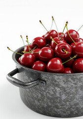 Fresh Red Cherries in a Rustic Metal Bowl