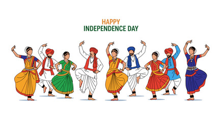Happy Independence Day India: Vibrant illustration of people in traditional clothing performing a folk dance, celebrating India's freedom and cultural heritage with joy and energy.