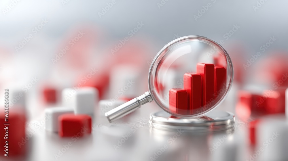 Poster data analysis: a magnifying glass focuses on a vibrant rising bar chart in a sea of conceptual block