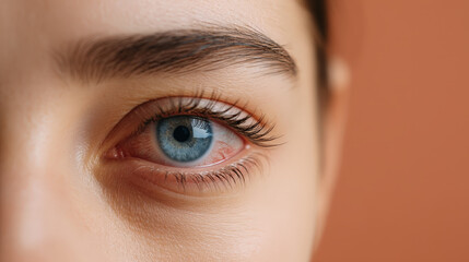 Close up of blue eye with detailed eyelashes and eyebrow against warm background captures visual fatigue beautifully