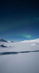 Vast snowy landscape under a starry sky with faint green aurora borealis