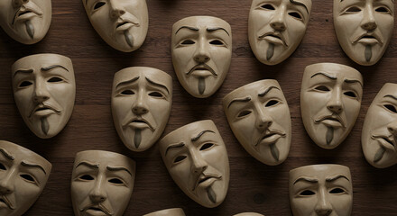 Drama and Emotions Hanging on a Rustic Wall, Expressive Masks on Aged Wood