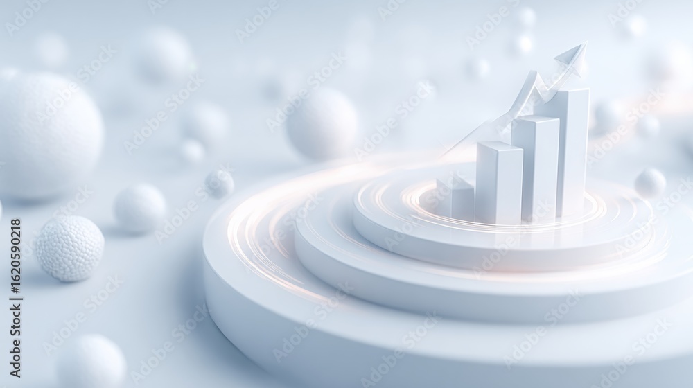 Poster ascending success: abstract 3d render of a rising bar graph, set against a backdrop of spherical ele