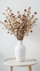 Dried Flowers Bouquet in White Vase on Wooden Table