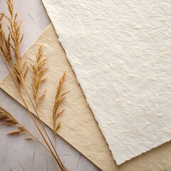 Textured paper and dried wheat stalks on a neutral background