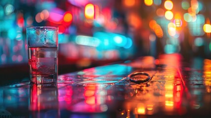 Glass of beverage on reflective surface with bokeh and colorful lights