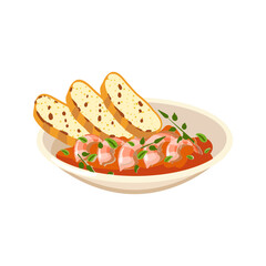Delicious shrimp dish with toasted bread slices and fresh herbs in a white bowl