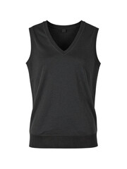 Black sleeveless sweater with vneck collar, versatile for layering over shirts or pairing with skirts for a chic look.