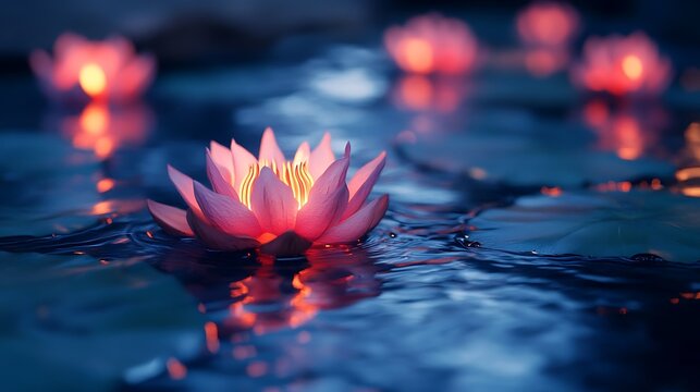 Floating lotus flowers on a glowing nighttime pool