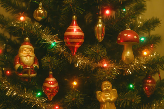 retro vintage photo of Festive christmas tree with vintage ornaments and warm holiday lights. vintage nostalgia Christmas background 1980 1990