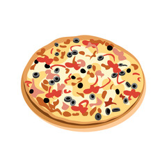 Deliciously topped pizza with ham olives and red pepper slices