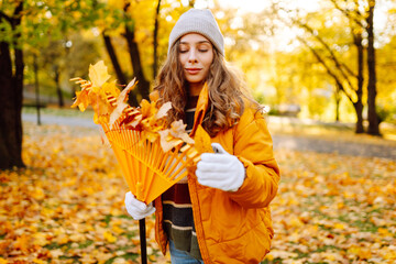 A young woman in a bright jacket and gloves collects bright autumn leaves in a sunny park. A female...