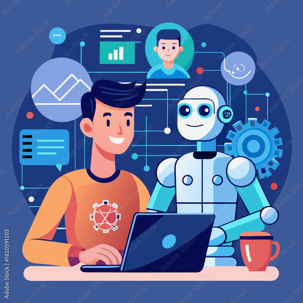Poster man and robot collaborate on technology and data analysis