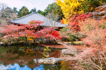 Daigo-ji temple with colorful autumn leaf by lake, Kyoto, Japan
