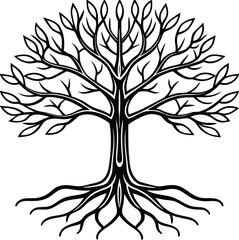 Elegant vector tree silhouette with roots and leaf details, ideal for nature and season designs