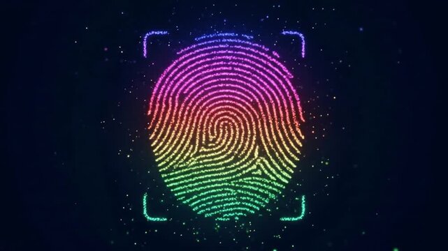 Abstract digital fingerprint scan with glowing particles in red, orange, and blue, representing biometric security and identity verification technology on a dark background