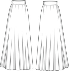 Long flared maxi skirt with a high elastic waist and beautiful pleats, elegant and stylish vector illustration on white background.