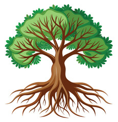 A vibrant vector illustration of a tree silhouette with green leaves and visible roots, symbolizing nature's growth through all seasons