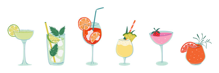 Popular Summer cocktails. Set of tropical alcohol drinks. Drinking glasses decorated with straws, fruits and herbs. Refreshing lemonades collection. Vector illustration.