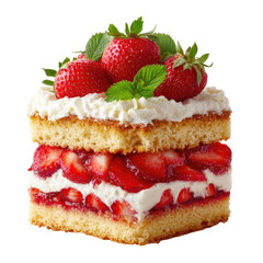 Sweet slice of layered cake, topped with fresh strawberries and whipped cream