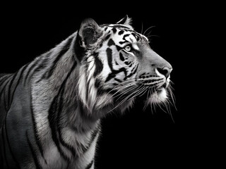 A tiger in profile view on a black background