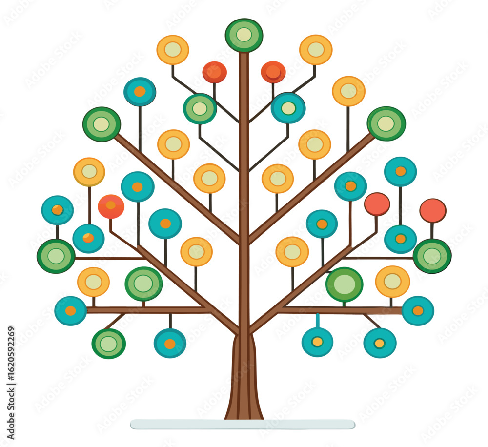 Poster abstract tree vector illustration featuring colorful circles, molecular structures, and a seamless n