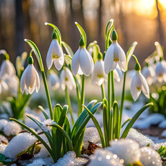 Delicate white snowdrops bloom in sunlight white flowers