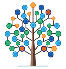 Abstract tree with colorful bubbles representing molecular structures for pharmaceutical science and disease treatment