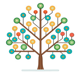 Abstract tree vector illustration featuring colorful circles, molecular structures, and a seamless network pattern