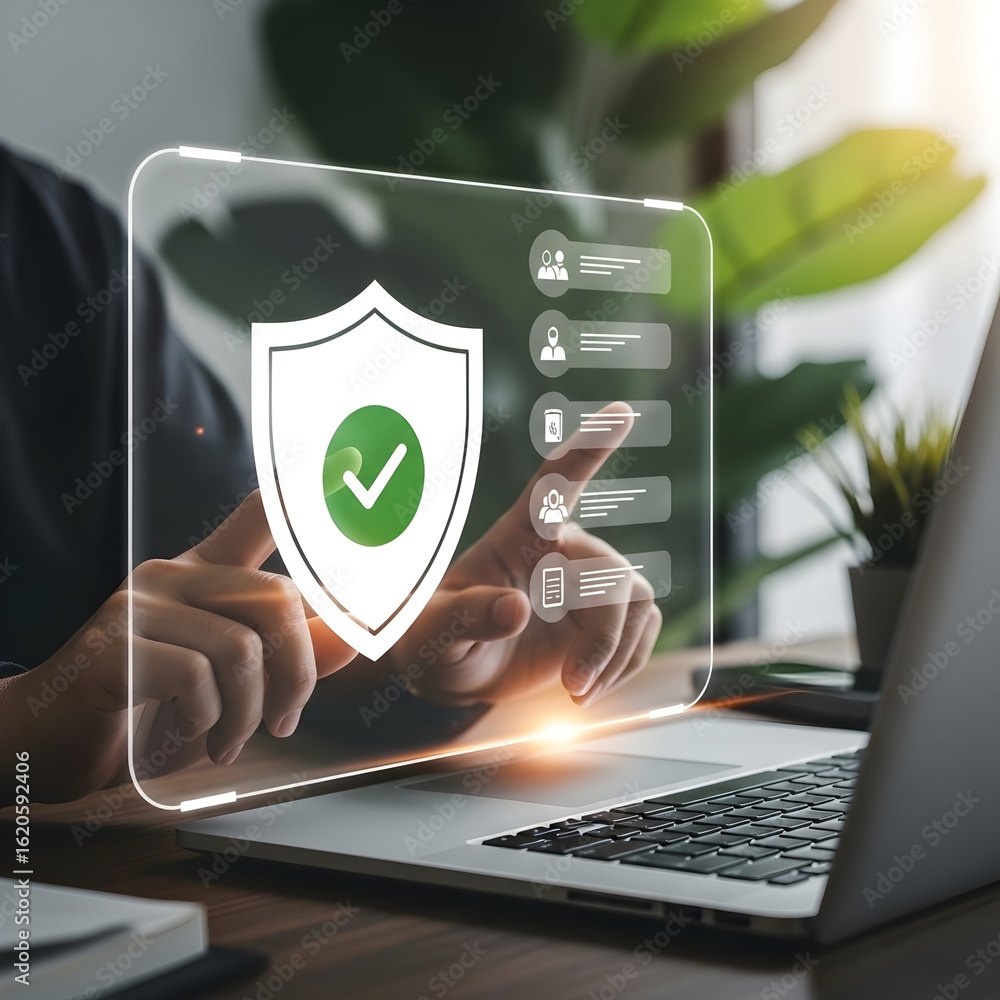 Poster digital security shield with checkmark protects data on a transparent screen