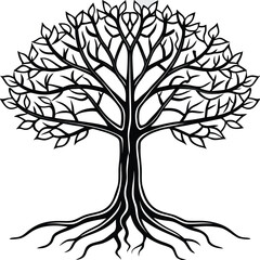 A vibrant tree silhouette vector with intricate roots and branches illustrates the essence of nature's growth throughout spring and autumn seasons