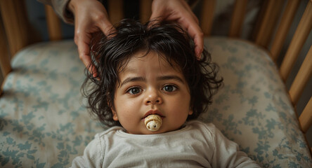 Gentle Baby Care Scene with Hair Brushing and Crib Comfort Moment