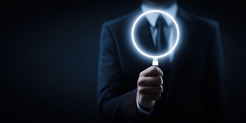 Self-Discovery & Business Coaching Concept &ndash; Faceless Corporate Figure Holding Glowing Magnifying Glass Icon, Symbolizing Introspection, Growth Mindset, and Leadership Development

